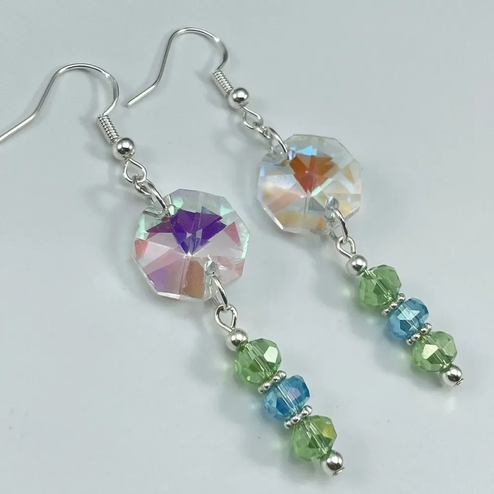 Silver White AB Green Blue Glass Beaded Dangle Earrings Unique